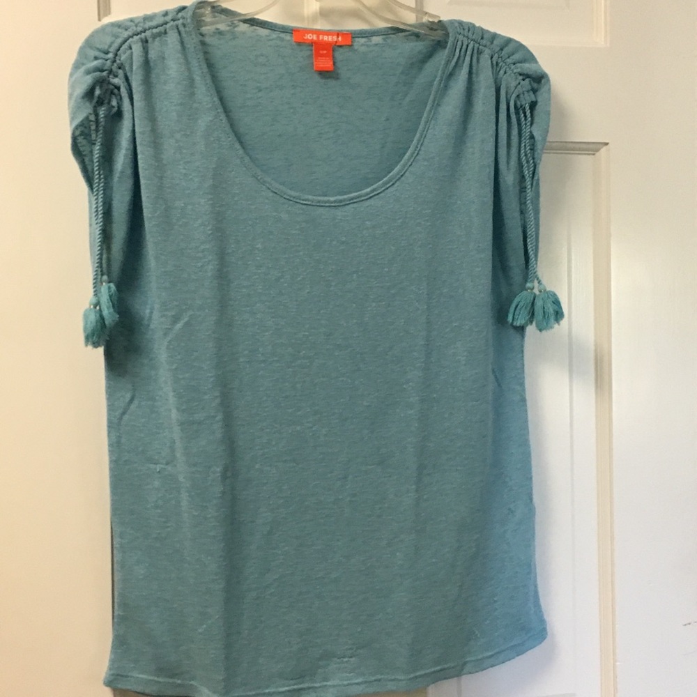 Joe Fresh blue blouse with tassels on sleeves